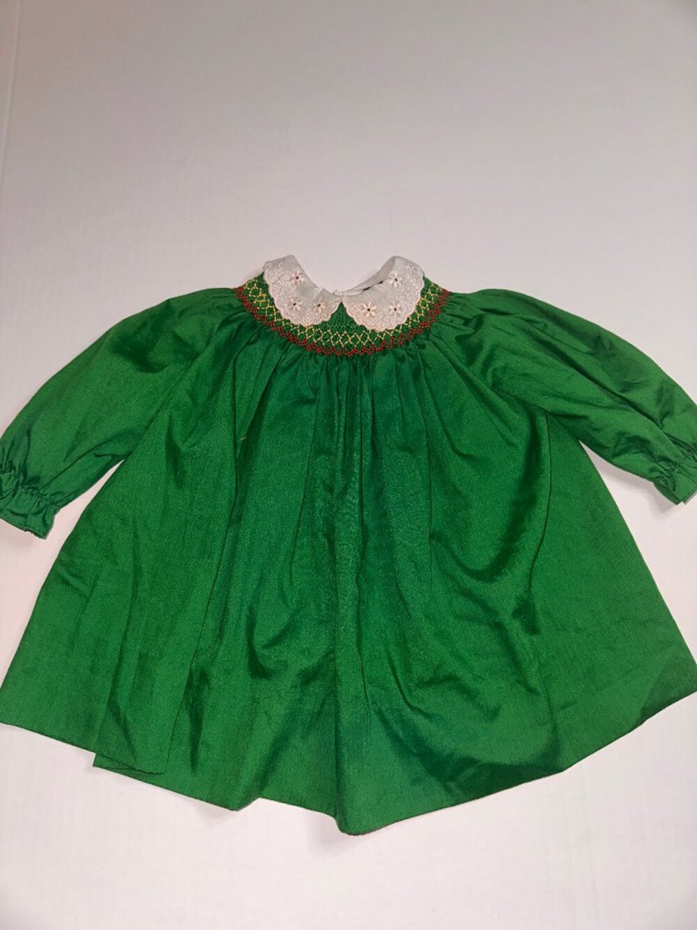 Vintage Polly Flinders Green Smocked Dress with Red and White Embroidery 2T #731